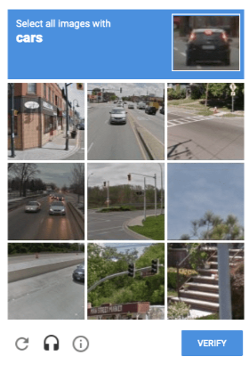 'Select all images with cars', followed by a grid of images, some of which contain cars