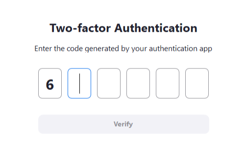 A two-factor authentication form, asking the user to 'Enter the code generated by your authentication app'. The user is presented with 6 individual input fields. The first input is filled in with a digit, the focus caret is on the empty second input