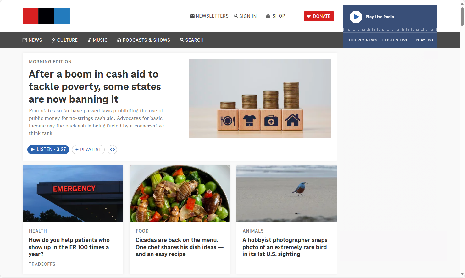 screenshot of a news site home page. Displayed is the global site banner consisting of logo and primary navigation. A media player for live news radio. A primary story is displayed where the intro text and call to action links are presented in one column with a photograph related to the story in the column to its side. Directly beneath are three additional top stories in separate columns. Images introduce each followed by the story title and brief description. To the side of all the news stories is a sidebar for advertisements to be displayed.